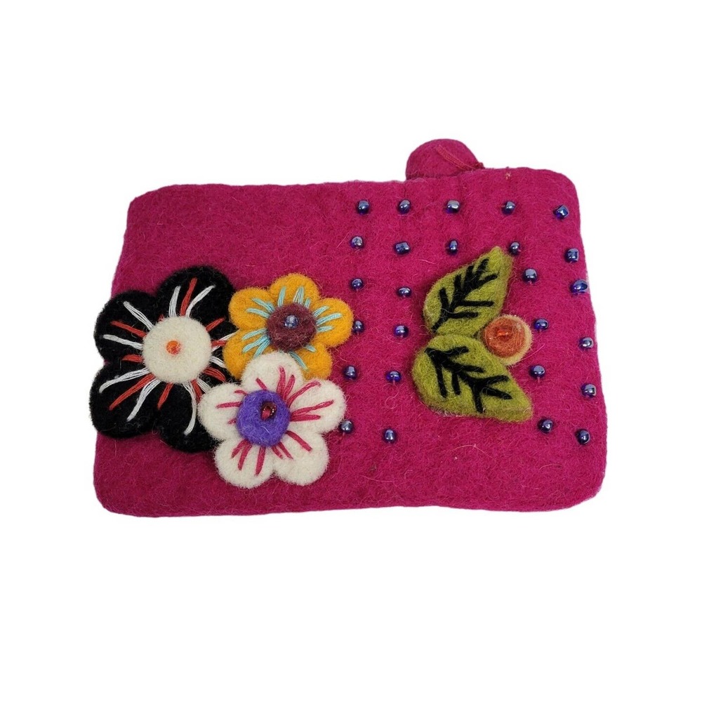 Windhorse Fuchsia Pink Floral Felted Wool Pouch Wallet Handmade in Nepal